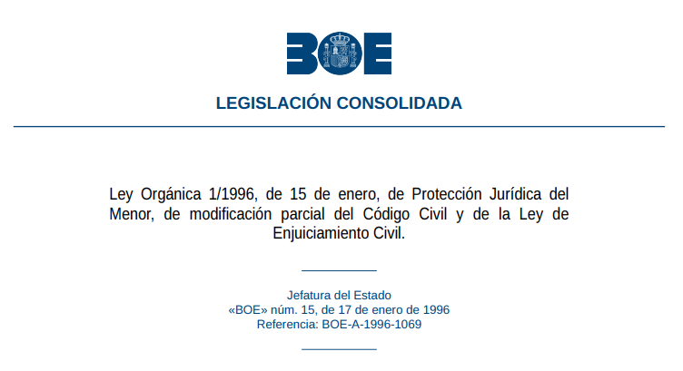 Test de la Ley Orgánica 1/1996, de 15 de enero, de Protección Jurídica del Menor, de modificación parcial del Código Civil y de la Ley de Enjuiciamiento Civil